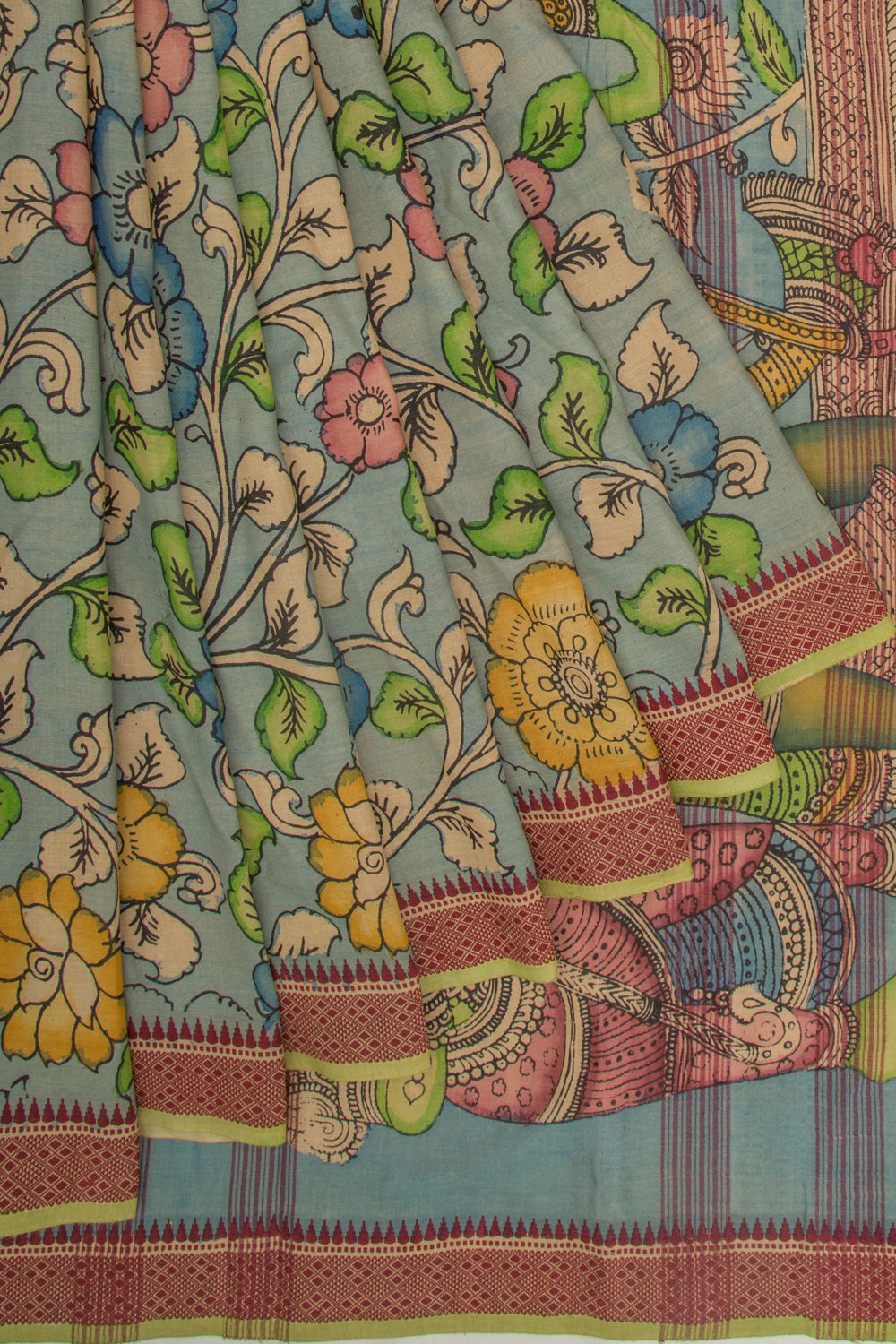 Soft Tussar Kalamkari Handpainted Blue Saree