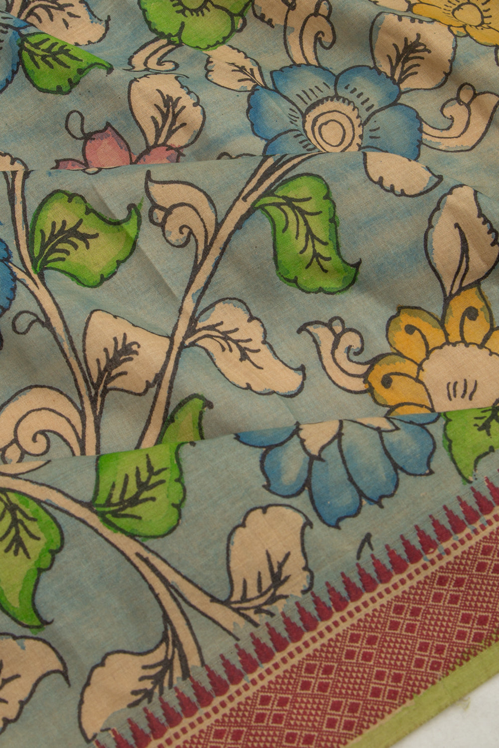 Soft Tussar Kalamkari Handpainted Blue Saree