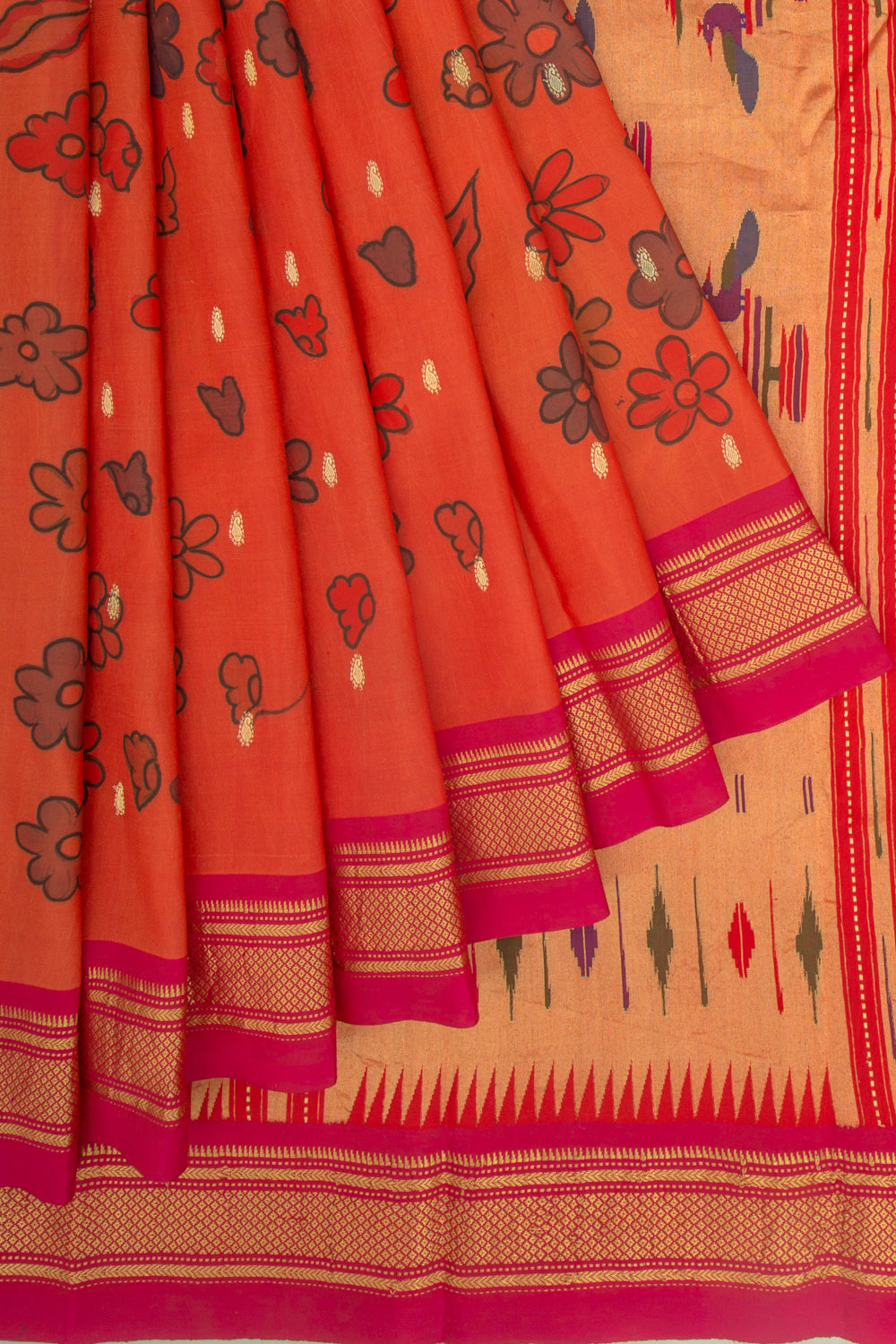 Paithani Silk Kalamkari Handpainted Orange Saree