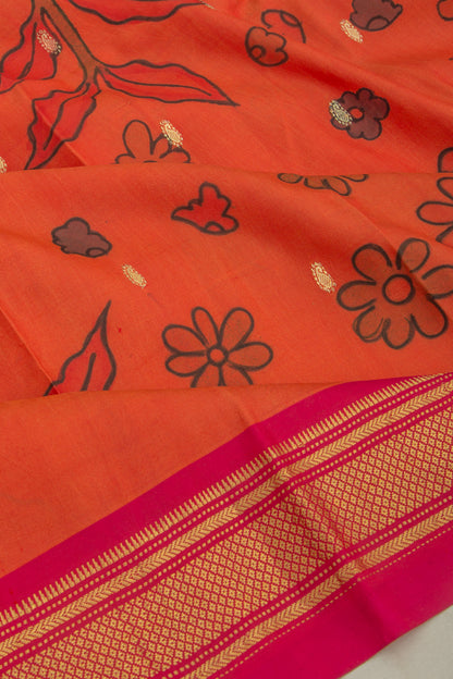 Paithani Silk Kalamkari Handpainted Orange Saree