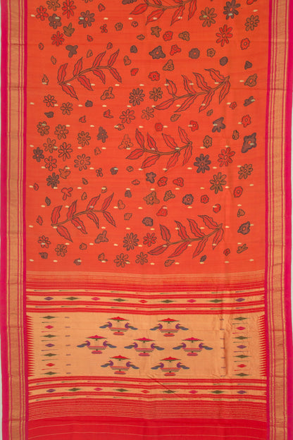 Paithani Silk Kalamkari Handpainted Orange Saree