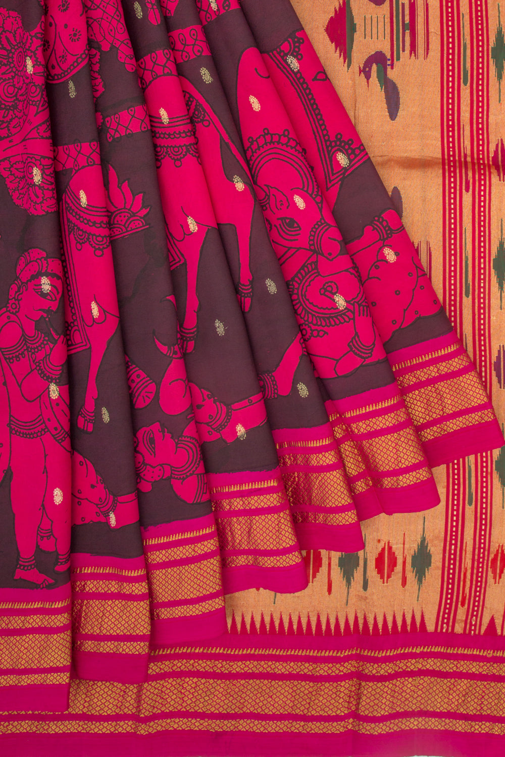 Paithani Silk Kalamkari Handpainted Black And Pink Saree