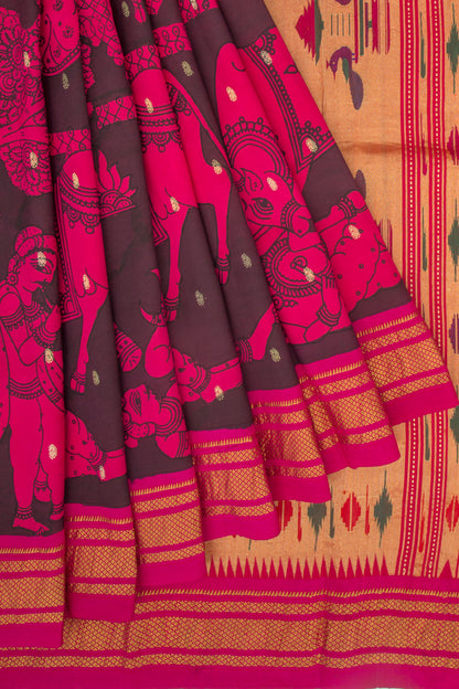 Paithani Silk Kalamkari Handpainted Black And Pink Saree
