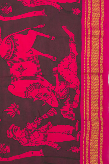 Paithani Silk Kalamkari Handpainted Black And Pink Saree