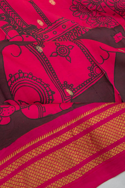 Paithani Silk Kalamkari Handpainted Black And Pink Saree