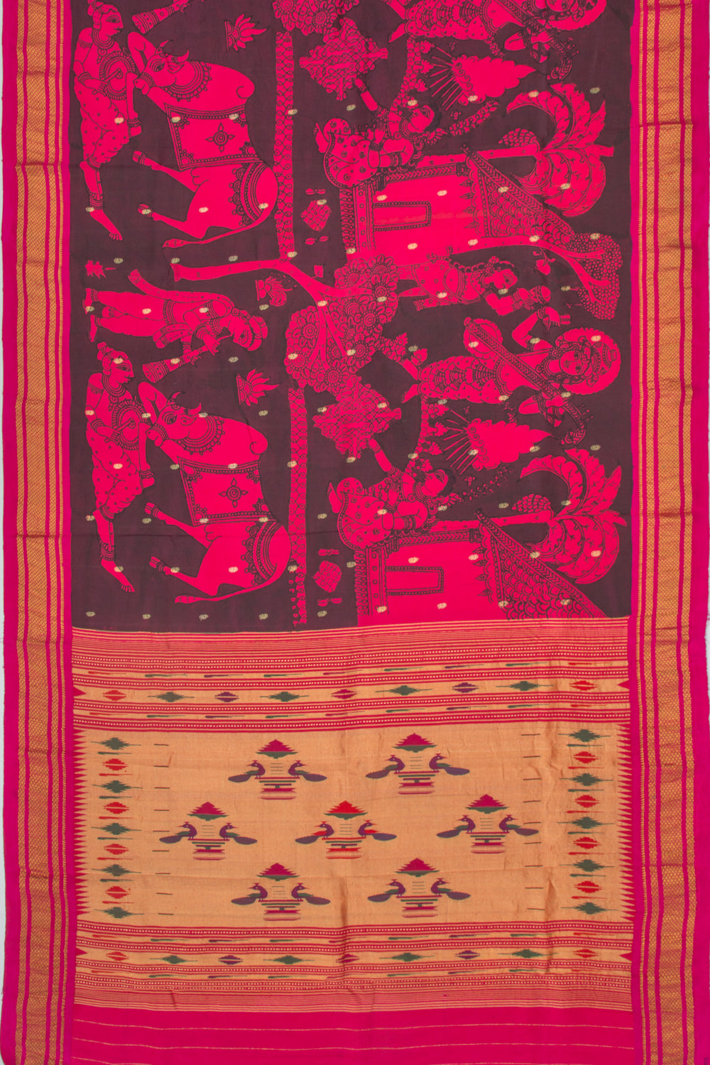 Paithani Silk Kalamkari Handpainted Black And Pink Saree