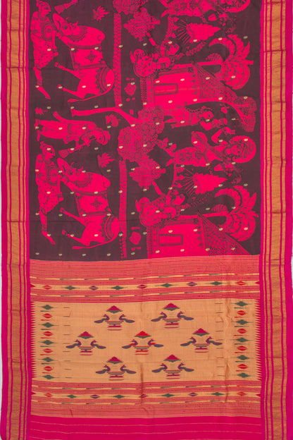 Paithani Silk Kalamkari Handpainted Black And Pink Saree