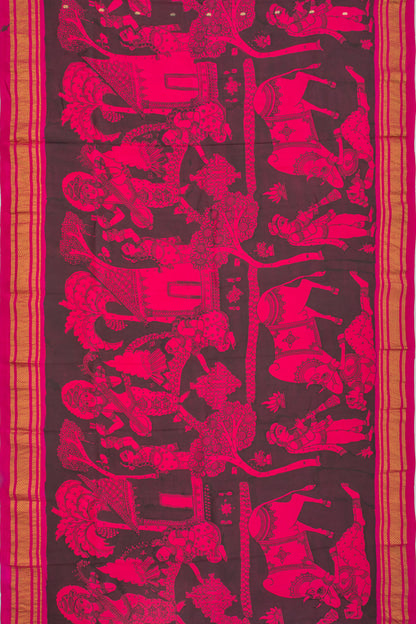 Paithani Silk Kalamkari Handpainted Black And Pink Saree