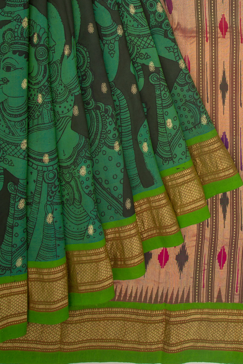 Paithani Silk Kalamkari Handpainted Black And Green Saree