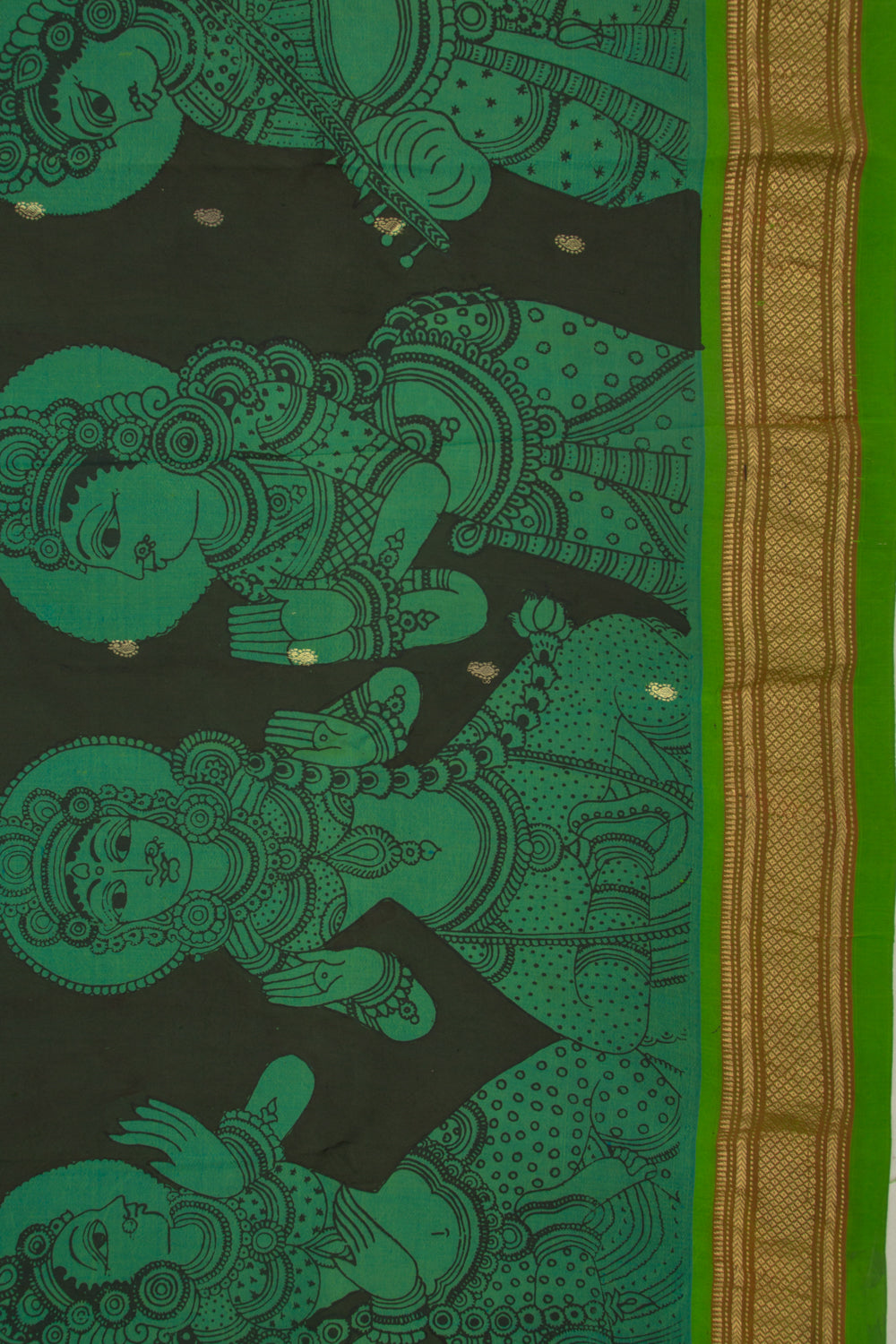 Paithani Silk Kalamkari Handpainted Black And Green Saree