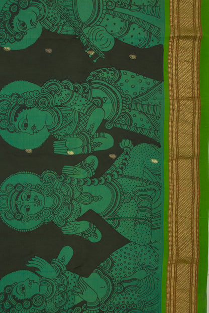 Paithani Silk Kalamkari Handpainted Black And Green Saree