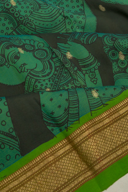 Paithani Silk Kalamkari Handpainted Black And Green Saree