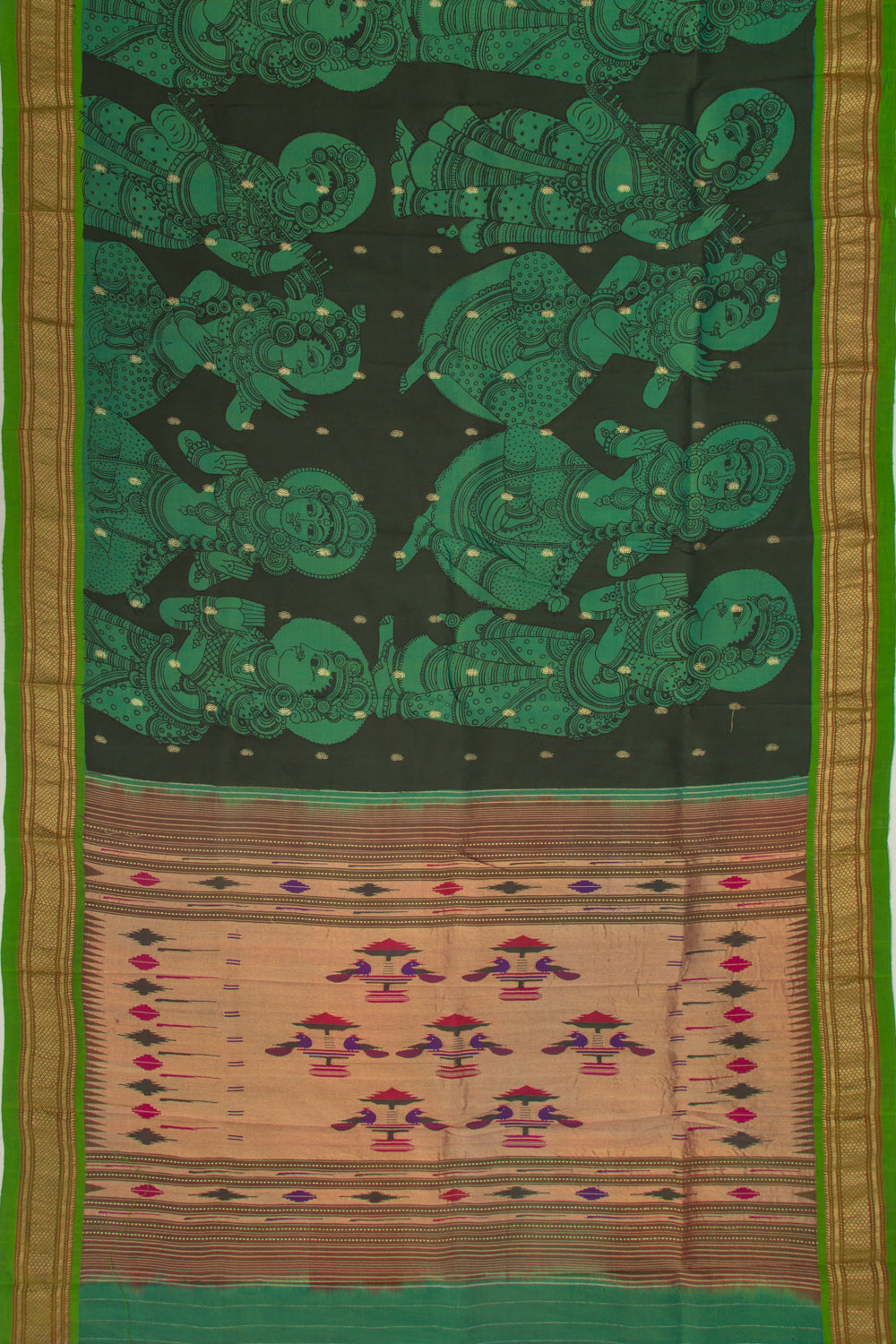 Paithani Silk Kalamkari Handpainted Black And Green Saree