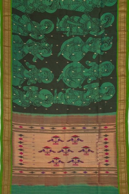 Paithani Silk Kalamkari Handpainted Black And Green Saree
