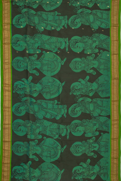 Paithani Silk Kalamkari Handpainted Black And Green Saree