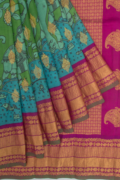 Kanchipuram Silk Kalamkari Handpainted Green Saree