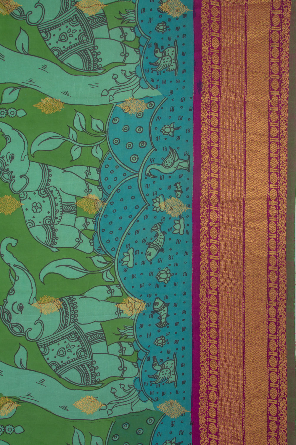 Kanchipuram Silk Kalamkari Handpainted Green Saree