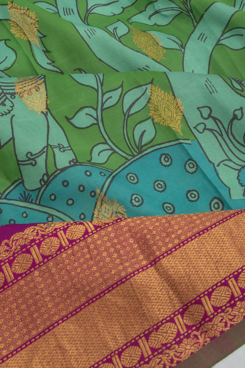 Kanchipuram Silk Kalamkari Handpainted Green Saree
