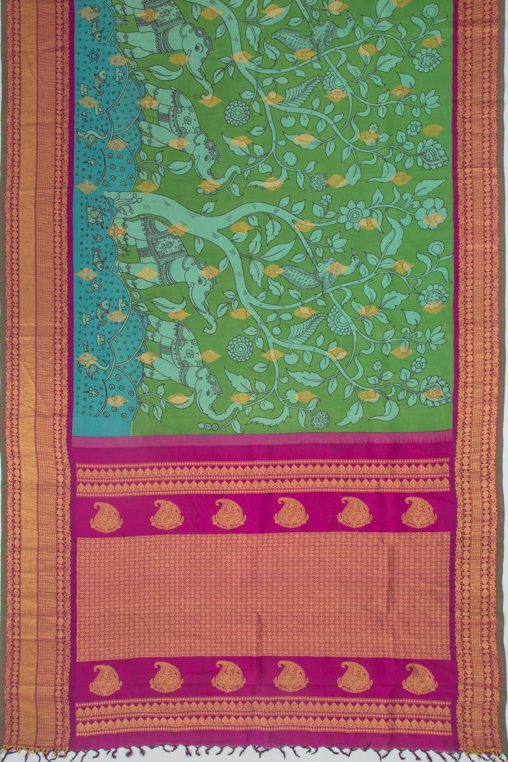 Kanchipuram Silk Kalamkari Handpainted Green Saree