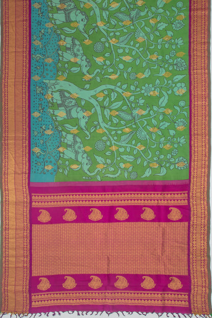 Kanchipuram Silk Kalamkari Handpainted Green Saree