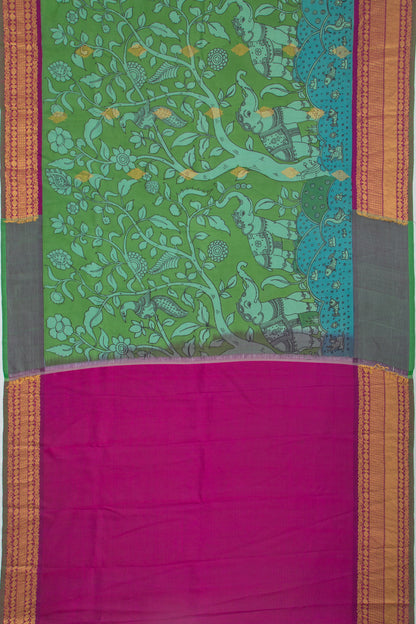 Kanchipuram Silk Kalamkari Handpainted Green Saree