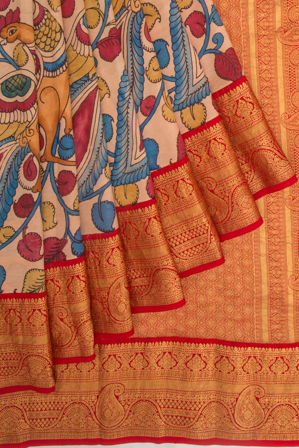Kanchipuram Silk Kalamkari Handpainted Peach Saree
