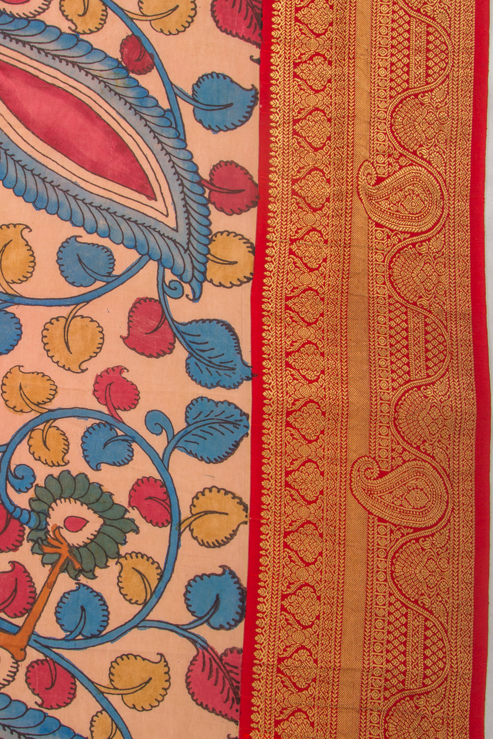 Kanchipuram Silk Kalamkari Handpainted Peach Saree