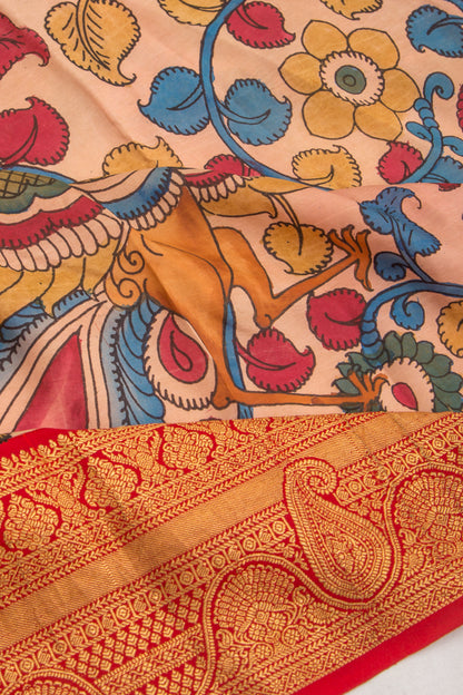 Kanchipuram Silk Kalamkari Handpainted Peach Saree