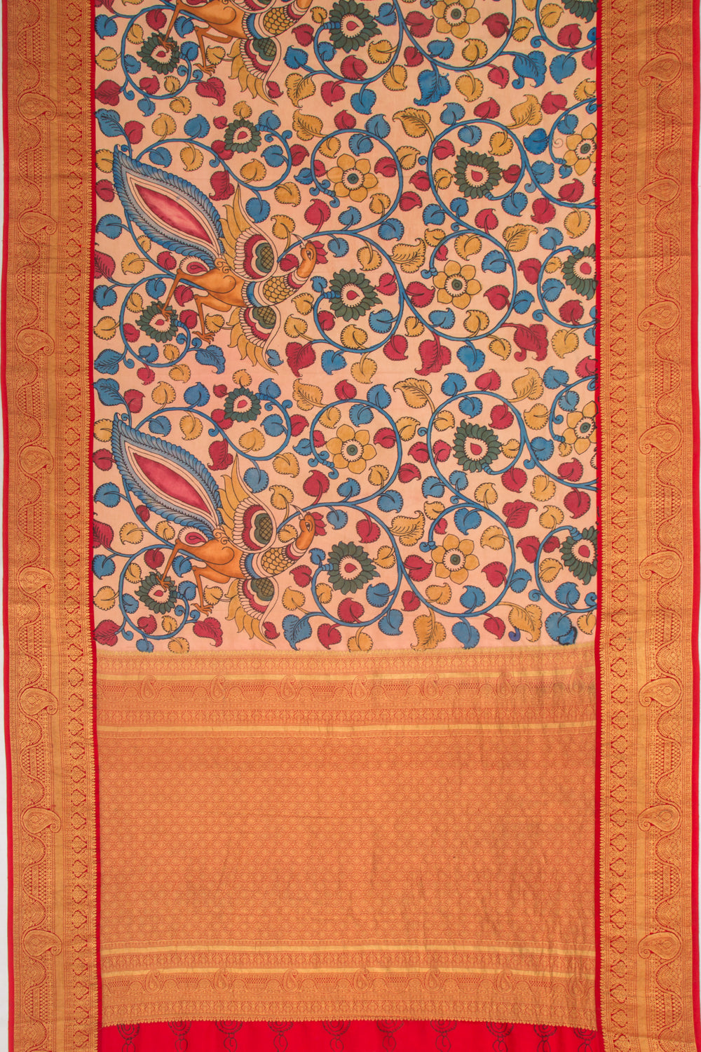 Kanchipuram Silk Kalamkari Handpainted Peach Saree