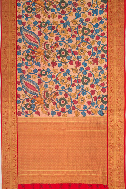 Kanchipuram Silk Kalamkari Handpainted Peach Saree