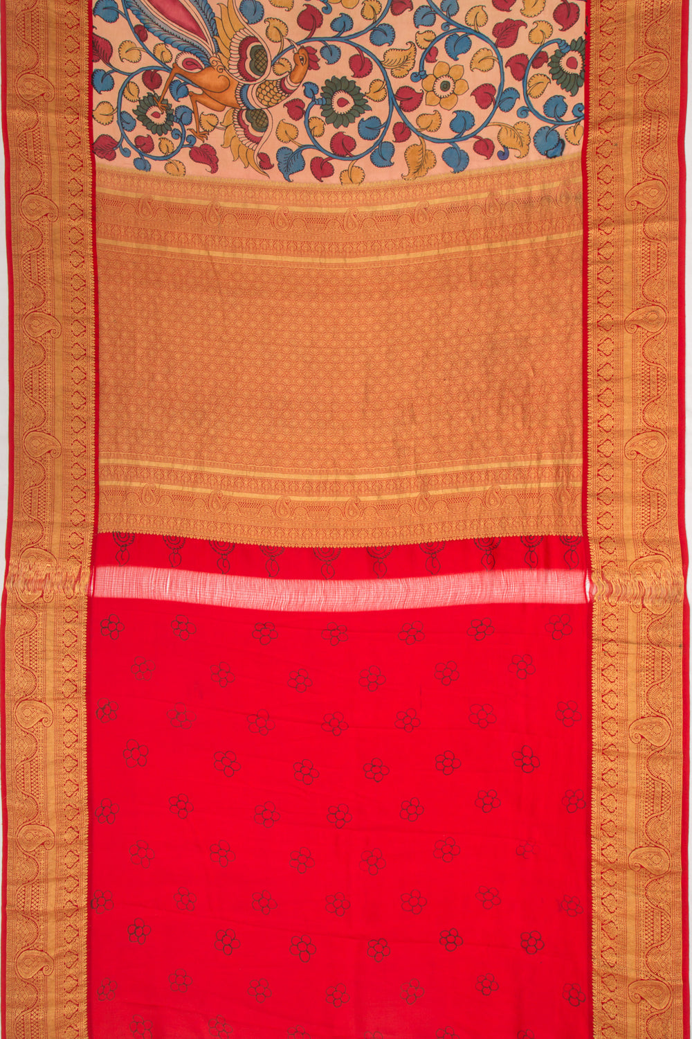 Kanchipuram Silk Kalamkari Handpainted Peach Saree