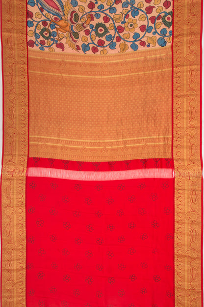 Kanchipuram Silk Kalamkari Handpainted Peach Saree