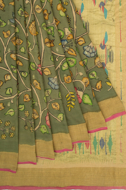 Paithani Cotton Kalamkari Handpainted Green Saree