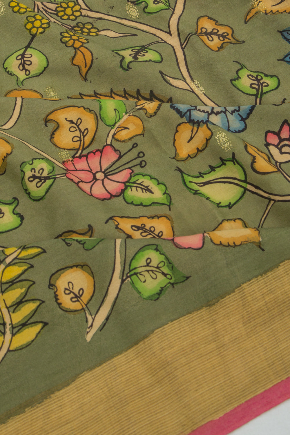 Paithani Cotton Kalamkari Handpainted Green Saree
