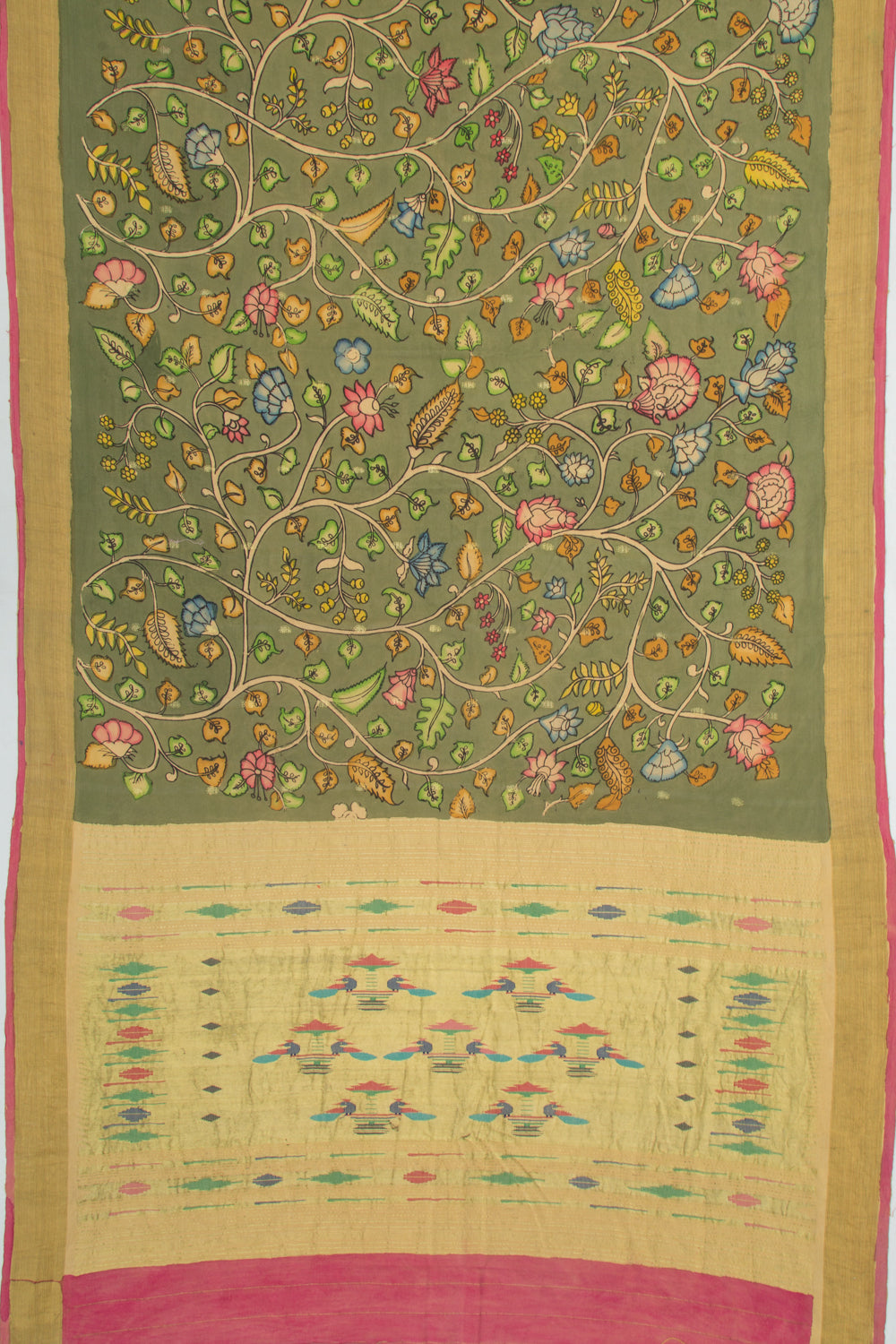 Paithani Cotton Kalamkari Handpainted Green Saree