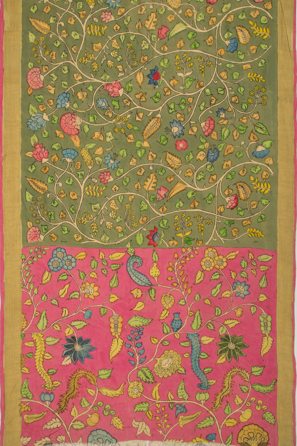 Paithani Cotton Kalamkari Handpainted Green Saree