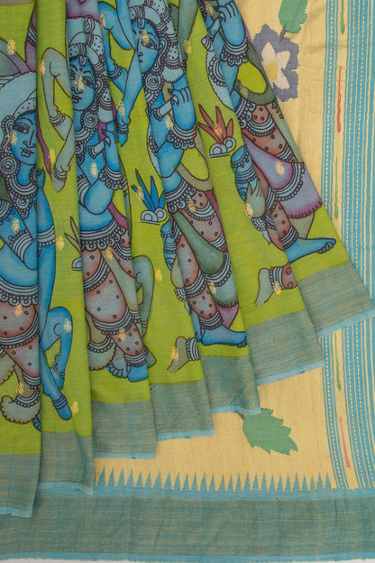 Paithani Cotton Kalamkari Handpainted Green Saree
