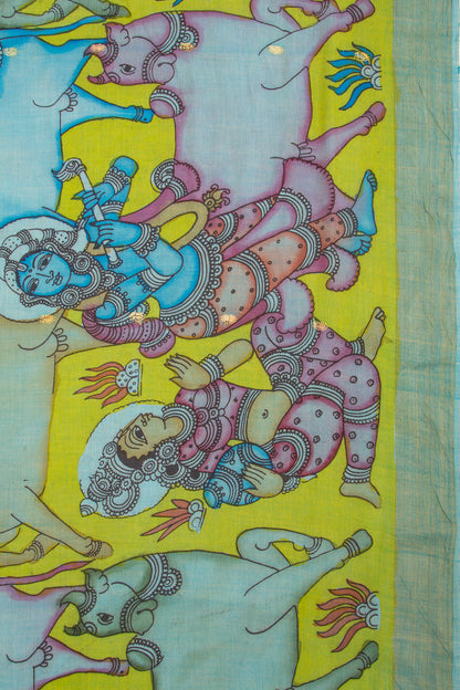 Paithani Cotton Kalamkari Handpainted Green Saree