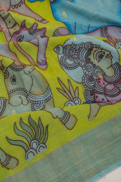 Paithani Cotton Kalamkari Handpainted Green Saree