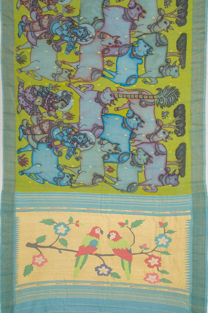Paithani Cotton Kalamkari Handpainted Green Saree