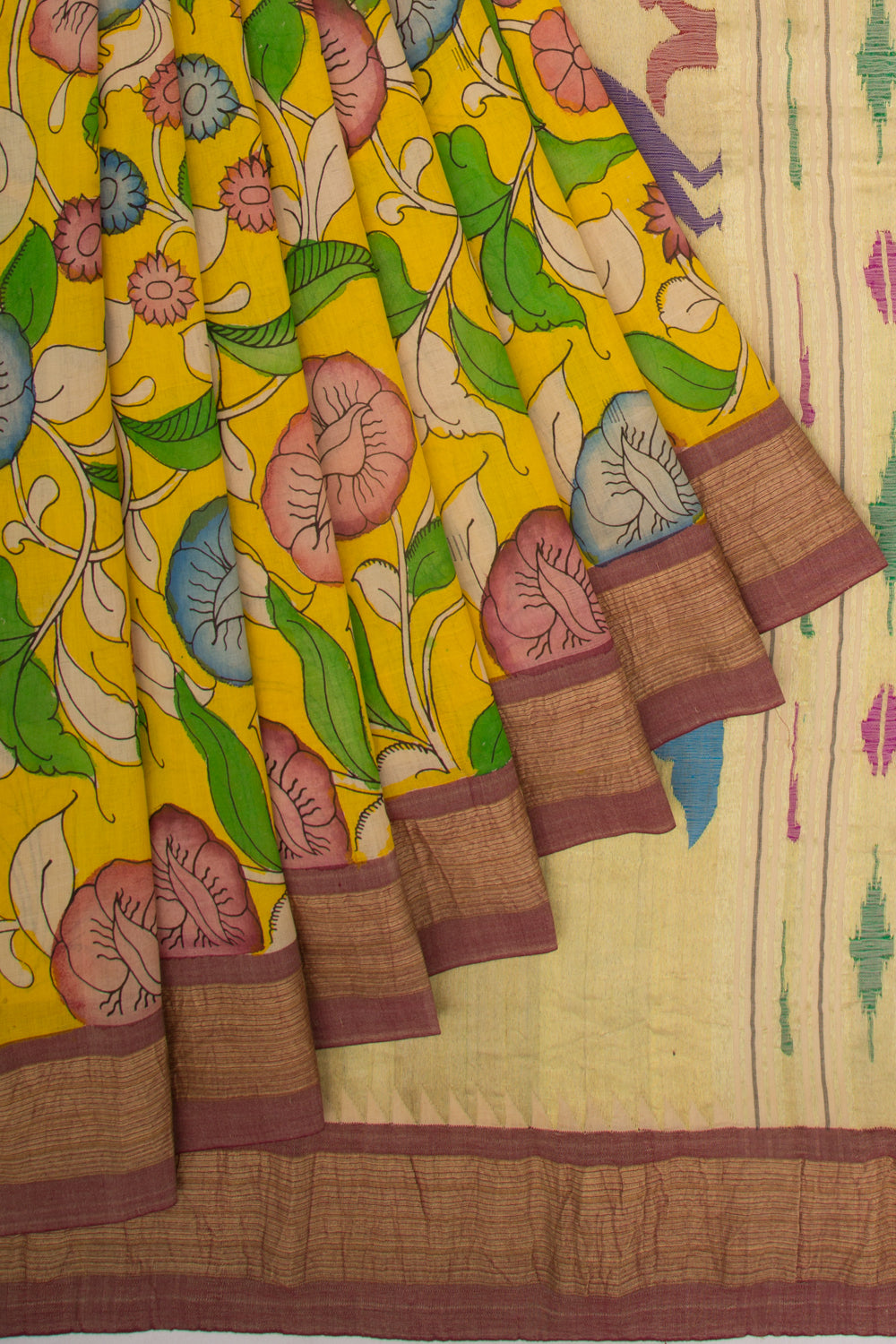 Paithani Cotton Kalamkari Handpainted Yellow Saree