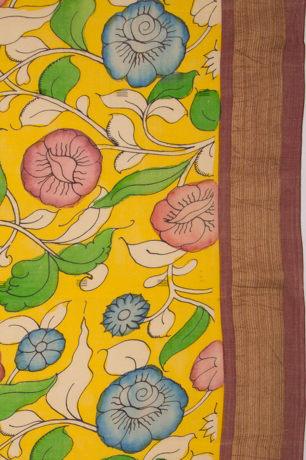 Paithani Cotton Kalamkari Handpainted Yellow Saree