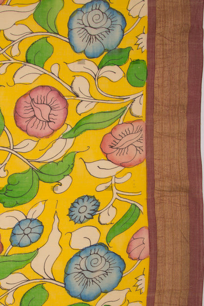 Paithani Cotton Kalamkari Handpainted Yellow Saree