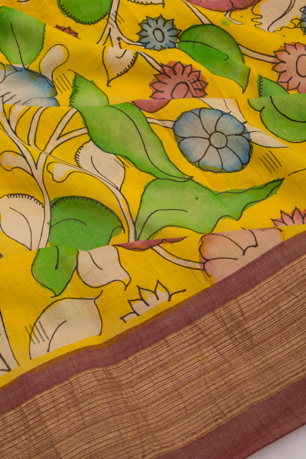 Paithani Cotton Kalamkari Handpainted Yellow Saree