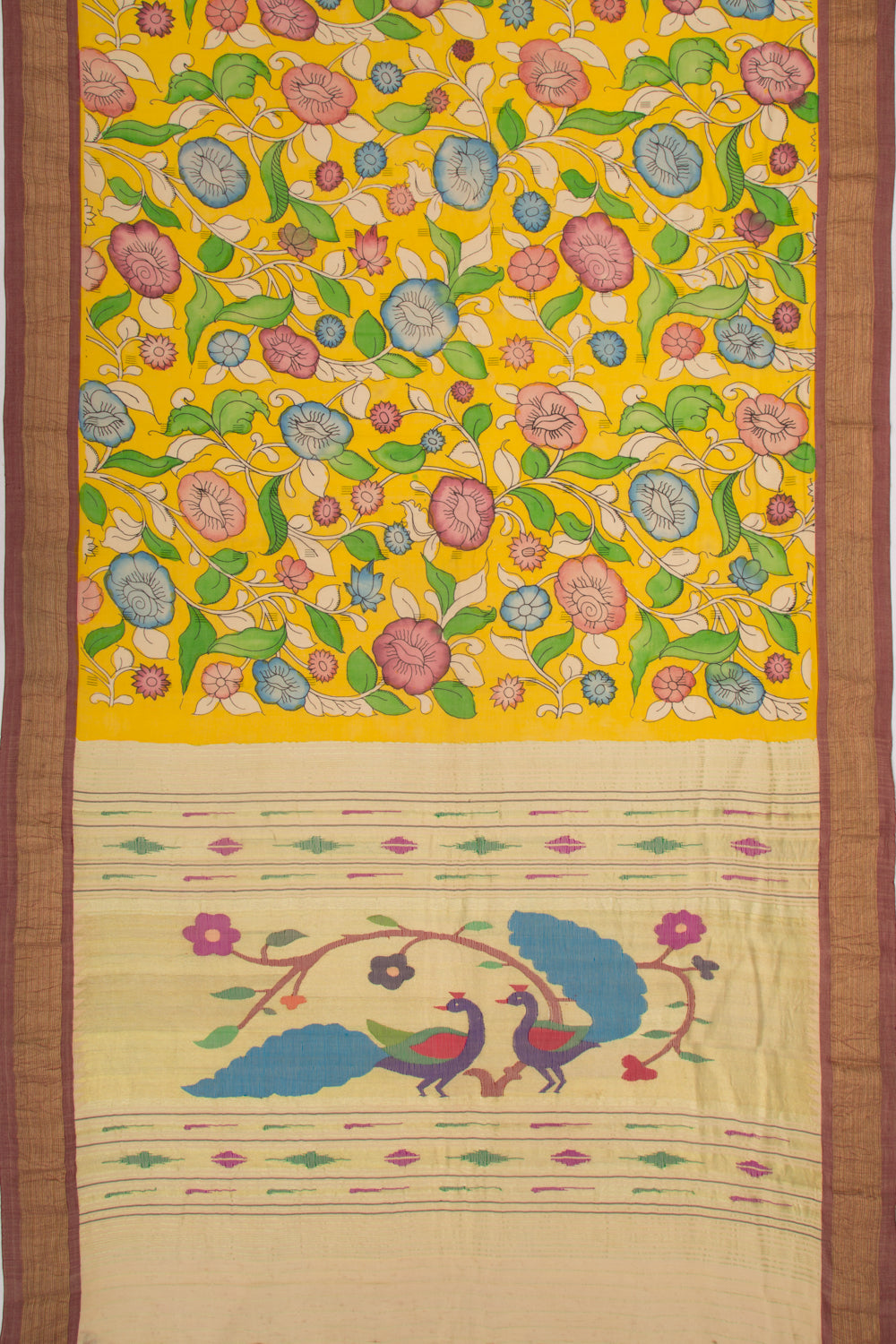 Paithani Cotton Kalamkari Handpainted Yellow Saree