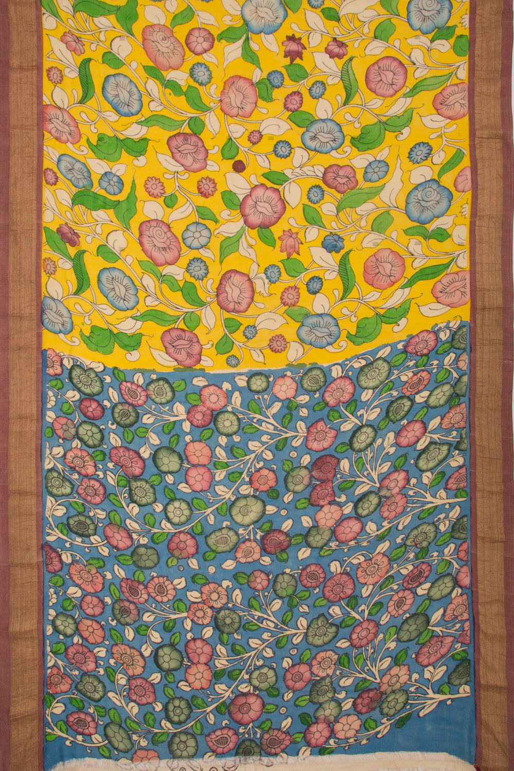 Paithani Cotton Kalamkari Handpainted Yellow Saree
