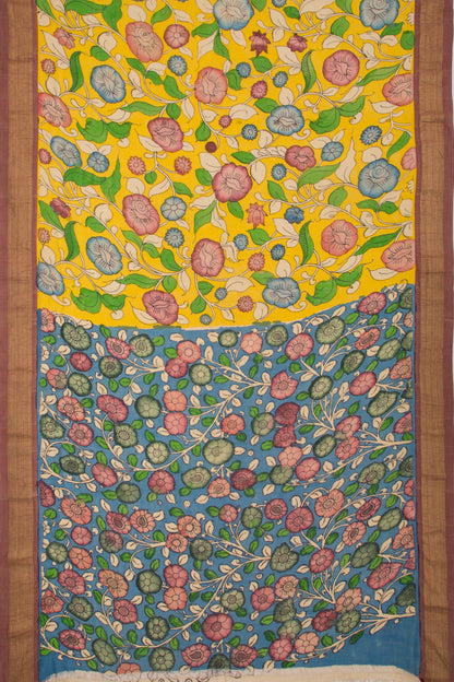 Paithani Cotton Kalamkari Handpainted Yellow Saree