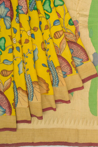 Paithani Cotton Kalamkari Handpainted Yellow Saree