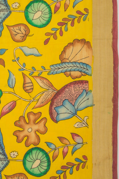 Paithani Cotton Kalamkari Handpainted Yellow Saree
