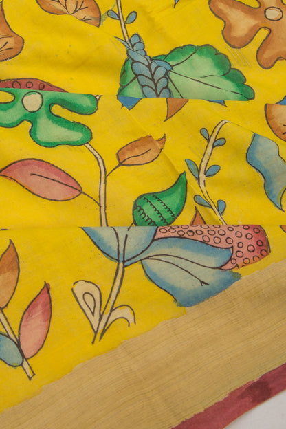 Paithani Cotton Kalamkari Handpainted Yellow Saree